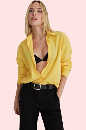 Kadın Regular Kalıp Uzun Kollu Gömlek Yaka Basic 65 Pamuk Günlük Kullanım Kaliteli Malzeme