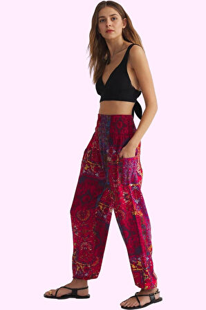 Kadın Etnik Desenli Lastikli Paça Şalvar Pantolon Yüksek Bel Viskoz Günlük Kullanım Hafta Sonu