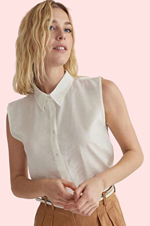 Kadın Keten Görünümlü Kolsuz Gömlek Düz Desen Regular Kalıp Yaz Aylarının Vazgeçilmezi Hafta Sonu