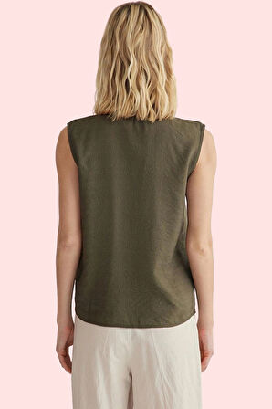 Kadın Keten Görünümlü Kolsuz Gömlek Düz Desen Regular Kalıp Yaz Aylarının Vazgeçilmezi Hafta Sonu