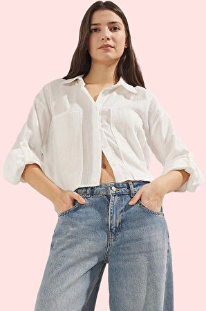 Kadın Crop Gömlek Pamuk Müslin Kumaş Günlük Kullanım İçin Hafta Sonu Yaz Aylarının Vazgeçilmezi