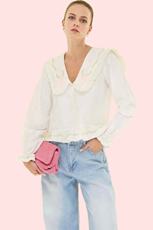 Kadın Nakış Detaylı V Yaka Balon Kol Uzun Gömlek Regular Kalıp Günlük Kullanım Özel Günler