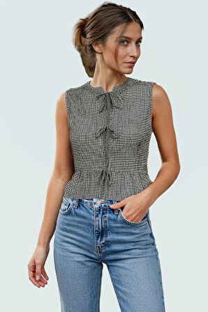 Şık Ekose Bisiklet Yaka Kolsuz Bluz Rahat Günlük Yazlık Zarifane Tasarım Özenle Seçilmiş