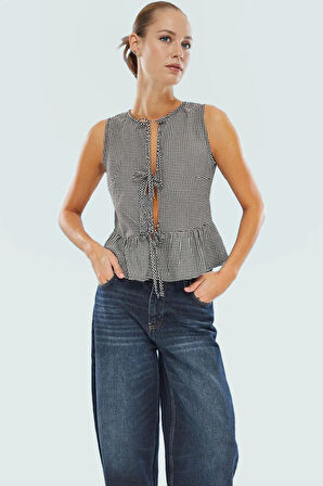 Şık Ekose Bisiklet Yaka Kolsuz Bluz Rahat Günlük Yazlık Zarifane Tasarım Özenle Seçilmiş