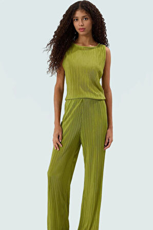 Şık Pilise Örme Pantolon Bluz Takım Yazlık Rahat Kombin Uzun Ömürlü Kullanım