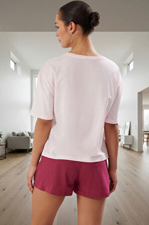 Kadın Rahat Pamuklu Kısa Kollu Pijama Takımı Yazlık Homewear Baskılı Trend Tasarım Modern Stil Şık Görünüm