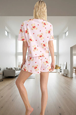 Kadın Ayıcıklı Kalpli Pijama Takımı %100 Pamuk Yazlık Rahat Homewear Trend Tasarım Mükemmel Uyum