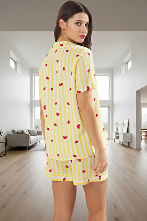 Kadın Rahat Viskoz Pijama Takımı Çizgili Desenli Kısa Kollu Yazlık Seçkin Malzeme Modern Stil