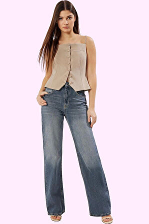 Kadın Yüksek Bel Geniş Paça Denim Pantolon Pamuk Günlük Stil Hafta Sonu Yaz Aylarının Vazgeçilmezi