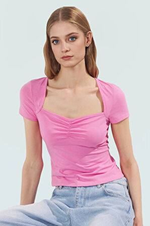 Likralı Penye Bluz Kalp Yaka Fitted Yazlık Yüksek Kalite Dayanıklı Malzeme