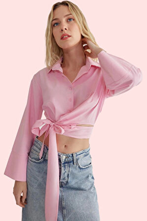 Kadın Bağlama Detaylı Regular Gömlek Düz Desen Uzun Kol Günlük Kullanım Yaz Aylarının Vazgeçilmezi