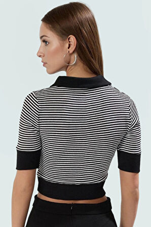 Çizgili Polo Yaka Crop Fitted Bluz Rejenere Kaşkorse Yazlık Premium Kalite