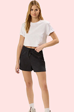 Kadın Beli Lastikli Kısa Şort Cep Detaylı Örme Slogan Desenli Yazlık Yaz Aylarının Vazgeçilmezi