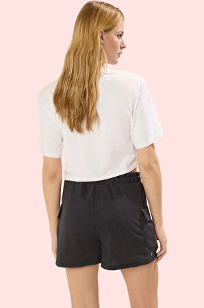 Kadın Beli Lastikli Kısa Şort Cep Detaylı Örme Slogan Desenli Yazlık Yaz Aylarının Vazgeçilmezi