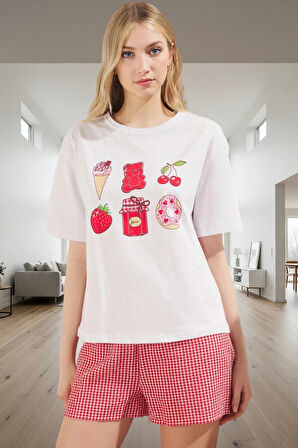 Kadın Rahat Örme T shirt ve Kareli Şort Pijama Takımı Yaz İçin Mükemmel Uyum Konforlu Kesim Özel Tasarım