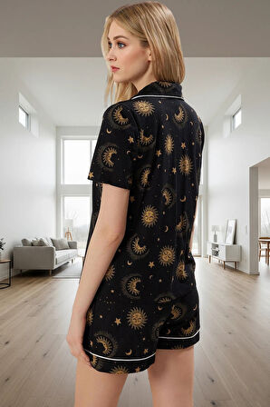 Kadın Galaksi Desenli Pamuklu Kısa Kollu Pijama Takımı Özenle Seçilmiş Günlük Kullanım İçin