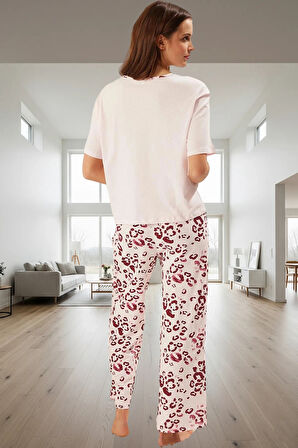 Kadın Pamuklu Leopar Desenli Pijama Takımı Rahat Ev Giyim Seti Mükemmel Uyum Yüksek Kalite