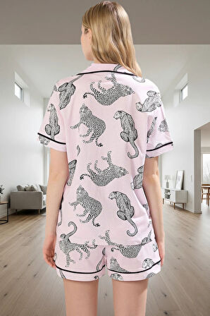 Kadın Kaplan Desenli Pamuklu Pijama Takımı Şortlu Biyeli Rahat Profesyonel Görünüm Premium Kalite