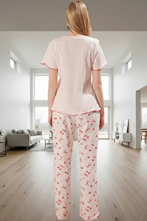 Kadın Pamuklu Kiraz Desenli Pijama Takımı Rahat Ev Giyim Seti Özenle Seçilmiş Premium Kalite