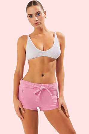 Kadın Kısa Boy Denim Şort Düz Desen Bağcıklı Flamlı Pamuk Yazlık Plaj Yaz Aylarının Vazgeçilmezi