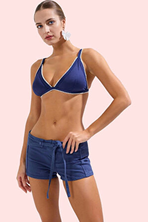 Kadın Kısa Boy Denim Şort Düz Desen Bağcıklı Flamlı Pamuk Yazlık Plaj Yaz Aylarının Vazgeçilmezi