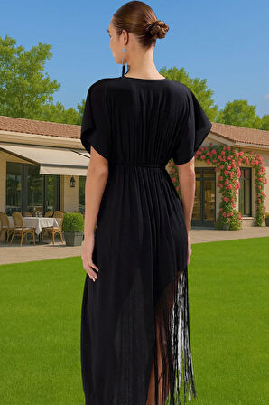 Yazlık Şık Püsküllü Midi Elbise Pamuklu Viskoz Kumaş Plaj ve Günlük Modern Stil Seçkin Malzeme