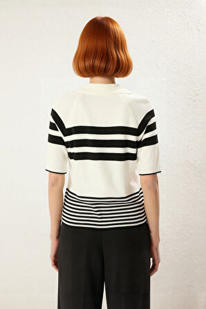 Kadın Polo Yaka Renk Bloklu Kısa Kollu İnce Triko Bluz Günlük ve Konforlu Şık Kombinler İçin İdeal