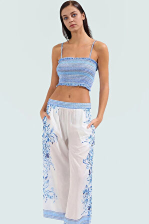 Yazlık Çiçek Desenli Pamuklu Bluz Pantolon Takım Plaj Modası Modern Stil Özenle Seçilmiş