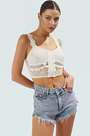 Dantelli Örme Plaj Bluz Kolsuz Fitted Kalp Yaka Yazlık Konforlu Kesim Rahat Ve Şık