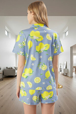 Kadın Rahat Pamuklu Limon Desenli Kısa Kollu Pijama Takımı Yazlık Kaliteli İşçilik Şık Görünüm