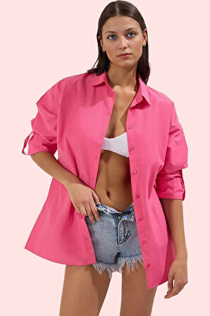 Kadın Regular Kalıp Düz Desenli Plaj Gömleği Truvakar Kol Yazlık Yaz Aylarının Vazgeçilmezi