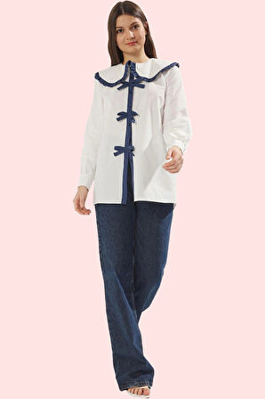 Kadın Kurdele Detaylı Bebe Yaka Gömlek Pamuklu Günlük Kullanım Hafta Sonu Kaliteli Malzeme