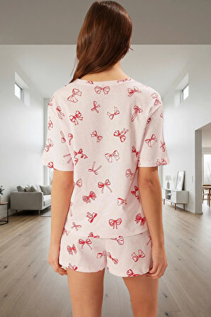 Kadın Kurdele Desenli Pamuklu Pijama Takımı Rahat Şık Yazlık Premium Kalite Modern Stil