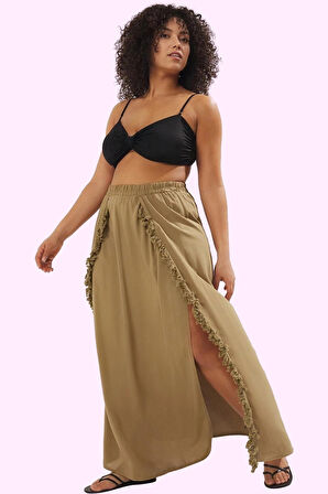 Kadın Maxi Etek Püsküllü Yırtmaçlı Şallı Dokuma Plaj Giyim Günlük Kullanım Kaliteli Malzeme