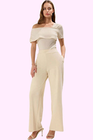 Kadın Yüksek Bel Geniş Paça Örme Pantolon Regular Boy Düz Desen Yaz Aylarının Vazgeçilmezi