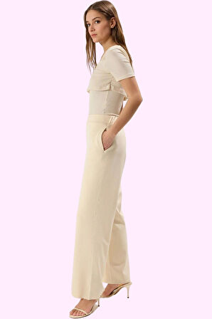 Kadın Yüksek Bel Geniş Paça Örme Pantolon Regular Boy Düz Desen Yaz Aylarının Vazgeçilmezi