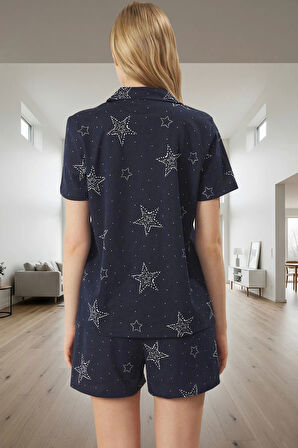 Kadın Yıldız Desenli Örme Pijama Takımı Rahat Yazlık Uyku Seti Özel Tasarım Ve Şık