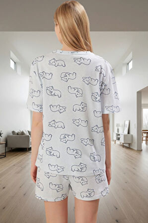 Kadın Kedili Pamuklu Kısa Kollu Pijama Takımı Profesyonel Görünüm Özenle Seçilmiş Modern Stil