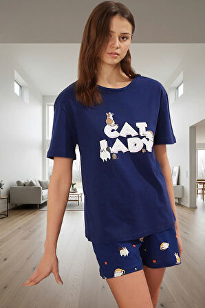 Kadın Kedili %100 Pamuklu Kısa Kollu Pijama Takımı Mükemmel Uyum Dayanıklı Malzeme