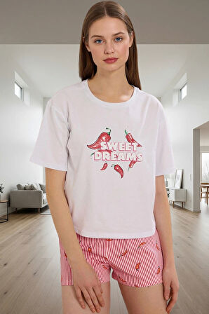 Kadın Kısa Kollu Bisiklet Yaka Pamuklu Pijama Takımı Yazlık Rahat Homewear Seçkin Malzeme