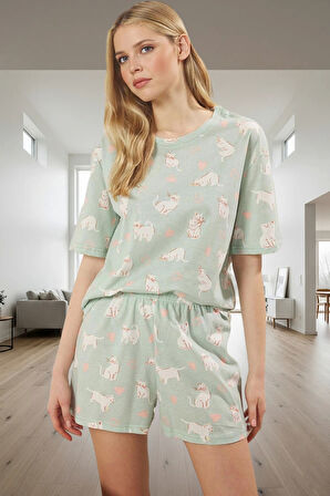 Kadın Regular Kalıp Kısa Kollu %100 Pamuklu Kedili Pijama Takımı Kaliteli İşçilik Rahat Kullanım