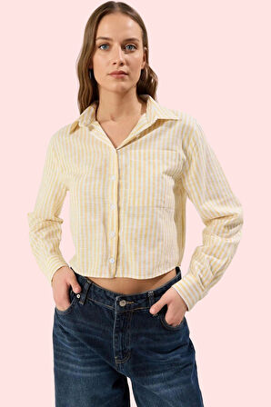 Kadın Çizgili Crop Gömlek Boxy Kalıp Günlük Kullanım Yazlık Hafta Sonu Yaz Aylarının Vazgeçilmezi