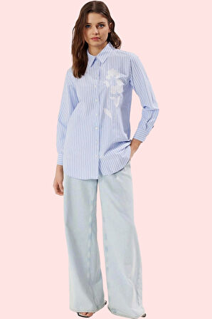 Kadın Çizgili Dokuma Gömlek İşleme Detaylı Regular Kalıp Pamuklu Günlük Kullanım Hafta Sonu