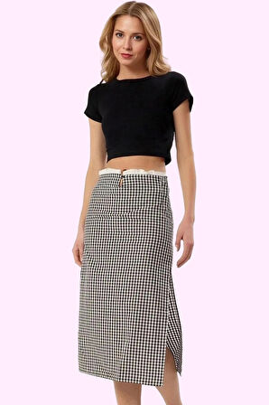 Kadın Midi Boy A line Ekoseli Etek Terrycotton Kumaş Günlük Kullanım Yaz Aylarının Vazgeçilmezi