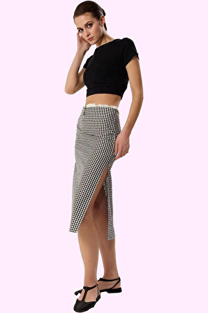 Kadın Midi Boy A line Ekoseli Etek Terrycotton Kumaş Günlük Kullanım Yaz Aylarının Vazgeçilmezi