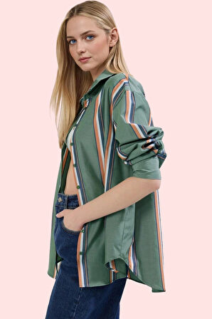 Kadın Oversize Çizgili Pamuklu Gömlek Renk Günlük Kullanım İçin Rahat Yaz Aylarının Vazgeçilmezi