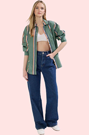 Kadın Oversize Çizgili Pamuklu Gömlek Renk Günlük Kullanım İçin Rahat Yaz Aylarının Vazgeçilmezi