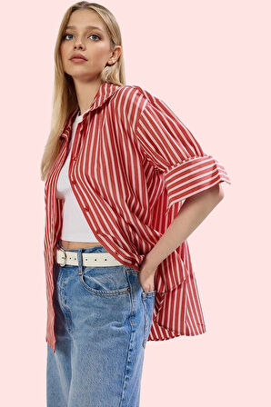 Kadın Çizgili Oversize Gömlek Basic Siluet Uzun Kollu Günlük Kombinler Yaz Aylarının Vazgeçilmezi