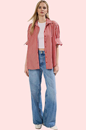 Kadın Çizgili Oversize Gömlek Basic Siluet Uzun Kollu Günlük Kombinler Yaz Aylarının Vazgeçilmezi