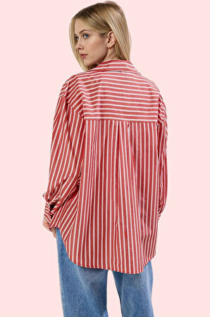 Kadın Çizgili Oversize Gömlek Basic Siluet Uzun Kollu Günlük Kombinler Yaz Aylarının Vazgeçilmezi